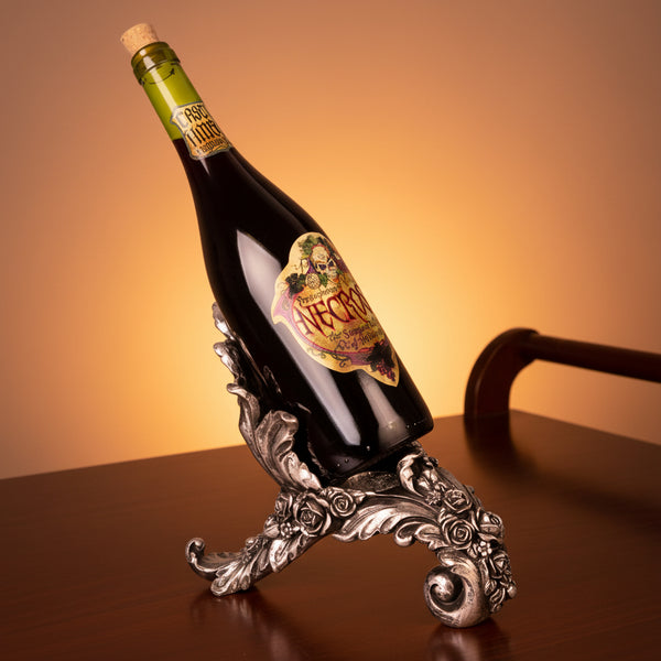 Antique Rose Wine Holder - Silver, Rococo-style resin with rose detailing