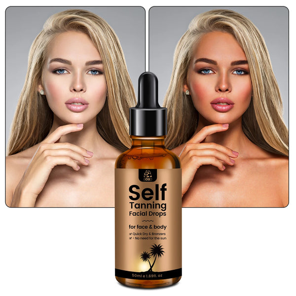 aoao Self Tanning Drops with Hyaluronic Acid & Vitamin E before and after results showing streak-free golden tan.