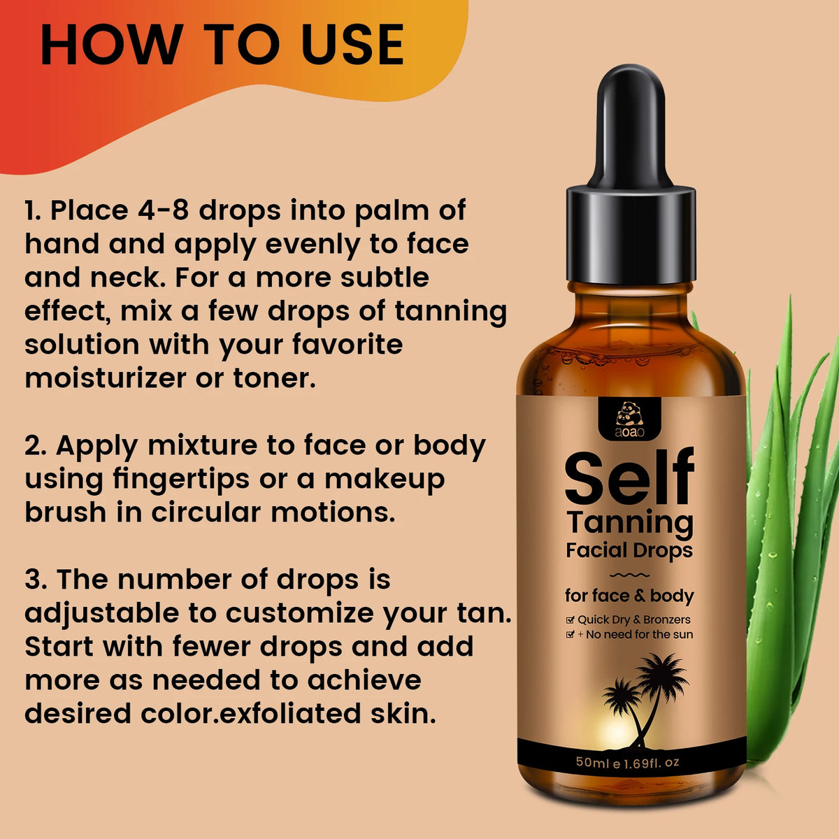 aoao Self Tanning Drops usage instructions on beige background showing how to mix drops with body lotion.