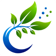 Logo with blue curved line and green leaves