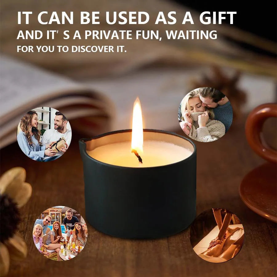 Aromatherapy massage candle with essential oils in a moisturizing wax container for calming massage, self-care, and home spa rituals.