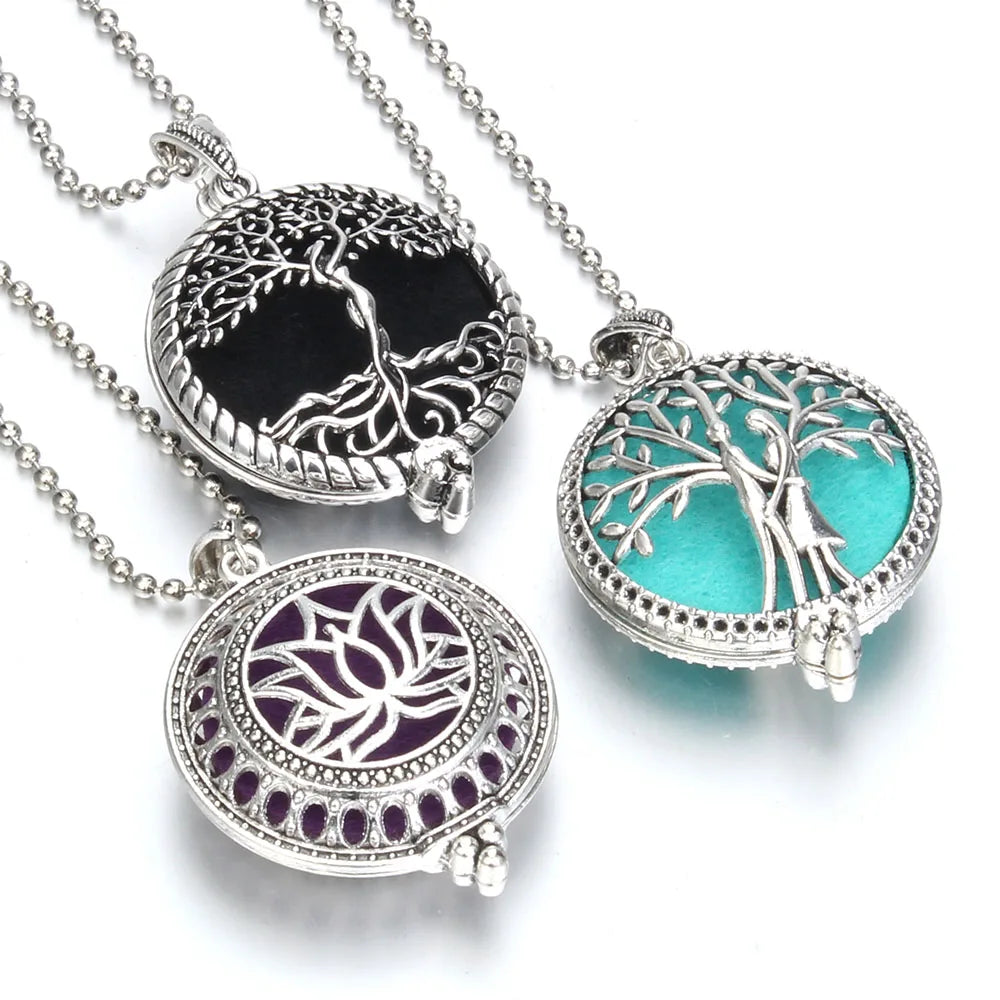Tree of Life aromatherapy diffuser necklace pendant for holding essential oils during daily wear, relaxation, and personal wellness use.