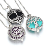 Tree of Life aromatherapy diffuser necklace pendant for holding essential oils during daily wear, relaxation, and personal wellness use.