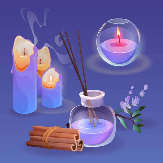 Aromatherapy setup with candles, reeds, and cinnamon sticks on a purple background