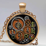 Artisan steampunk Reiki necklace pendant with glass cabochon for daily spiritual wear, alternative fashion, and gift occasions.
