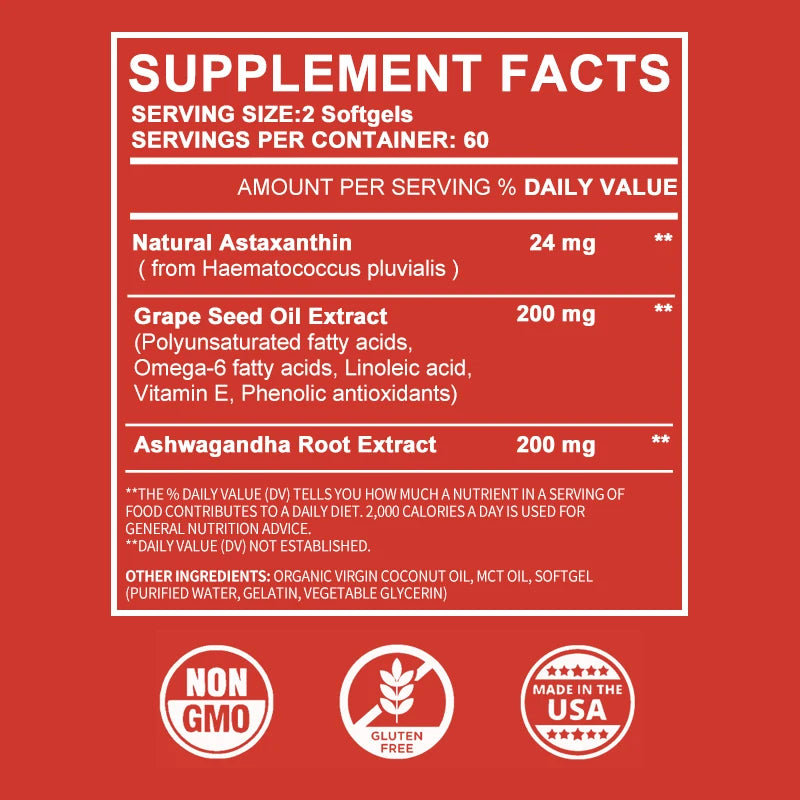 Astaxanthin grapeseed and coconut oil dietary supplement softgel bottle for antioxidant support and everyday nutrition.