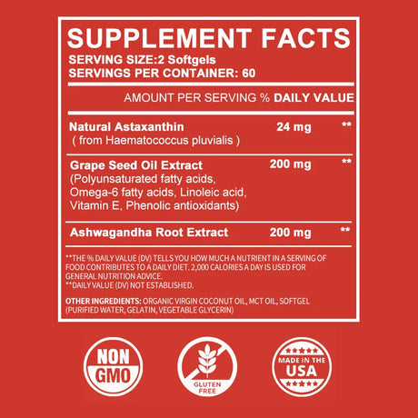 Astaxanthin grapeseed and coconut oil dietary supplement softgel bottle for antioxidant support and everyday nutrition.