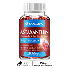 Astaxanthin health supplement softgel capsules with grapeseed and coconut oil for nutritional support and antioxidant use.