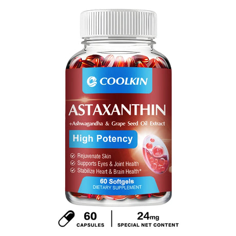Astaxanthin health supplement softgel capsules with grapeseed and coconut oil for nutritional support and antioxidant use.
