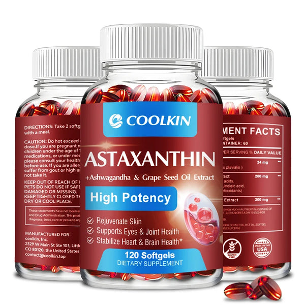 Astaxanthin supplement softgels with grapeseed and coconut oil for daily antioxidant support and wellness use.