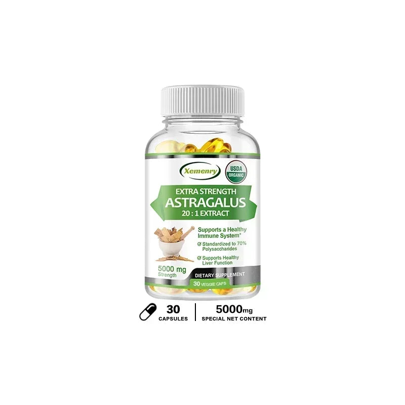 Astragalus Root Capsules supplement bottle for wellness support, energy maintenance, and antioxidant care.