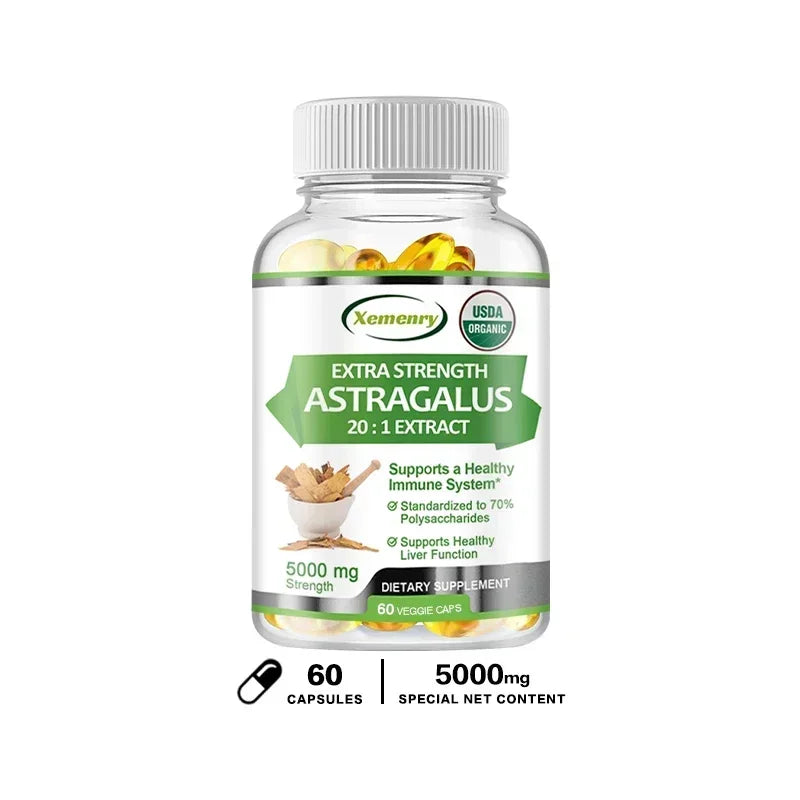 Astragalus Root dietary capsules bottle for antioxidant support, energy, and daily supplement use.