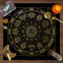 Tarot & Zodiac Astrology tablecloth for altar display, tarot readings, and astrology-inspired spiritual work.
