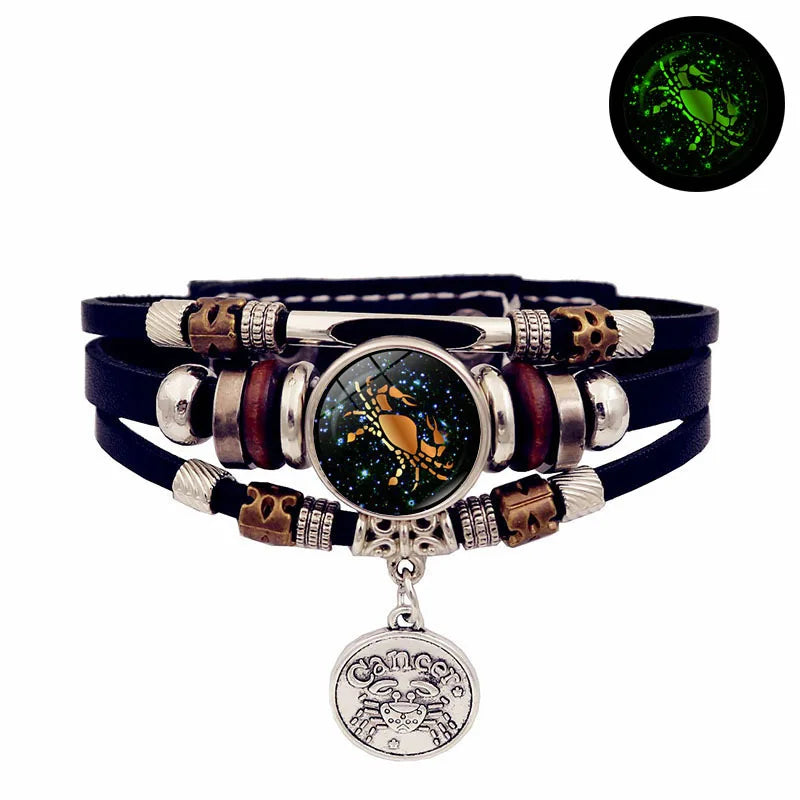 Astrology constellation leather bracelet for zodiac-themed fashion looks, everyday accessory wear, and luminous unisex styling.