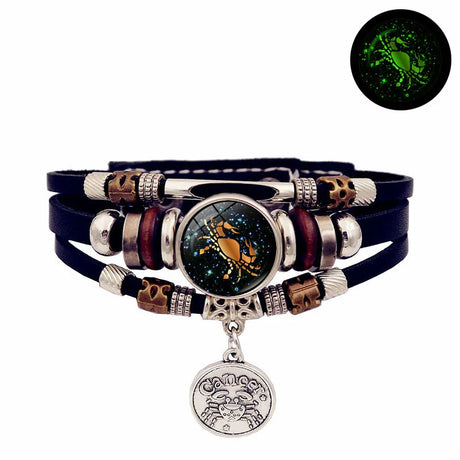 Astrology constellation leather bracelet for zodiac-themed fashion looks, everyday accessory wear, and luminous unisex styling.