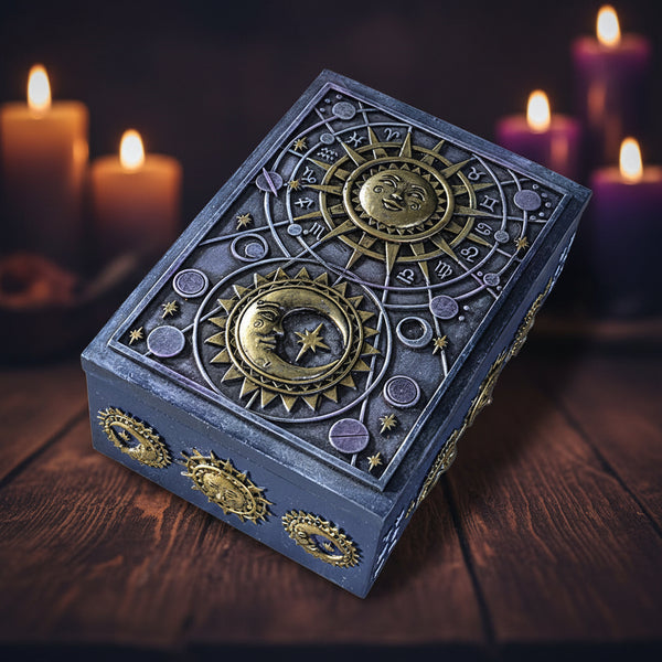 Astrology Tarot Box, hand-painted resin with sun and moon design