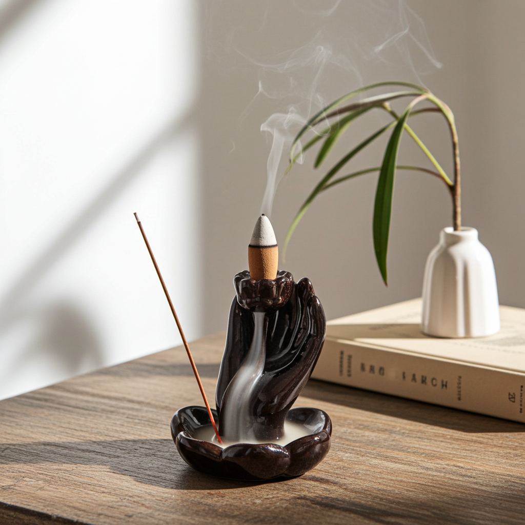 Backflow ceramic incense holder with Mudra Hand design for incense cone burning, aromatherapy, and spiritual ambiance.