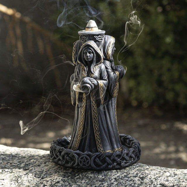 Mother, Maiden, Crone figure backflow incense burner for cascading incense smoke in meditation rooms, ritual spaces, and relaxation use.