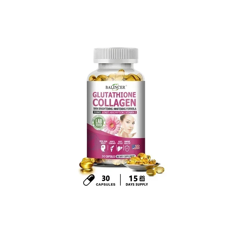 Balincer dietary collagen capsules with glutathione and vitamin C for beauty support, skin care, and everyday health supplementation.