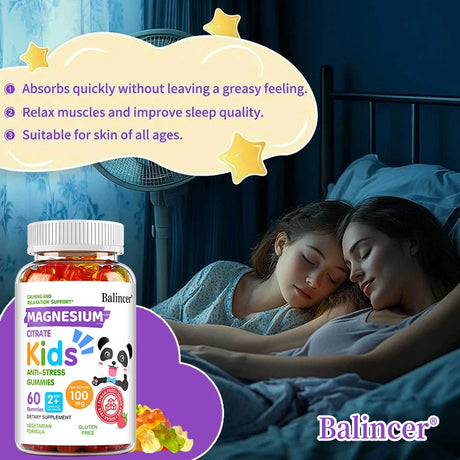 Balincer Kids Magnesium Citrate Calm & Sleep gummies bottle for evening routines and sleep-focused supplement use for children.