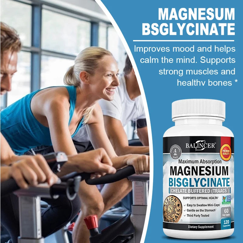 Balincer Magnesium Bisglycinate bottle with capsules for mineral support and daily supplement use.