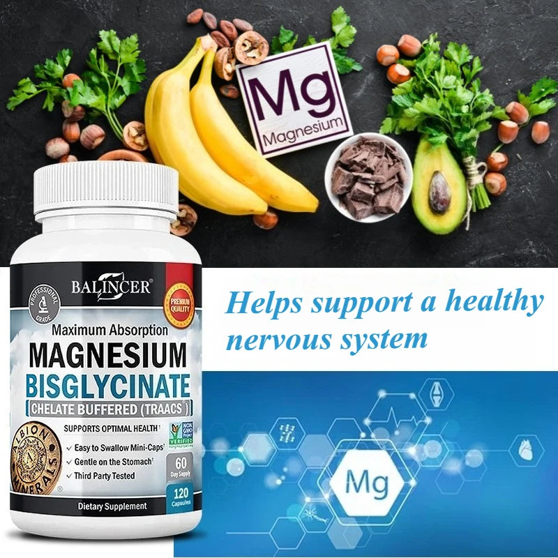 Balincer Magnesium Bisglycinate high-absorption capsules supplement for restful sleep and muscle relaxation.