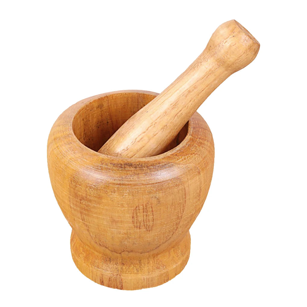 Bamboo herb and spice mortar and pestle for hand grinding peppercorns, herbs, and kitchen spices.