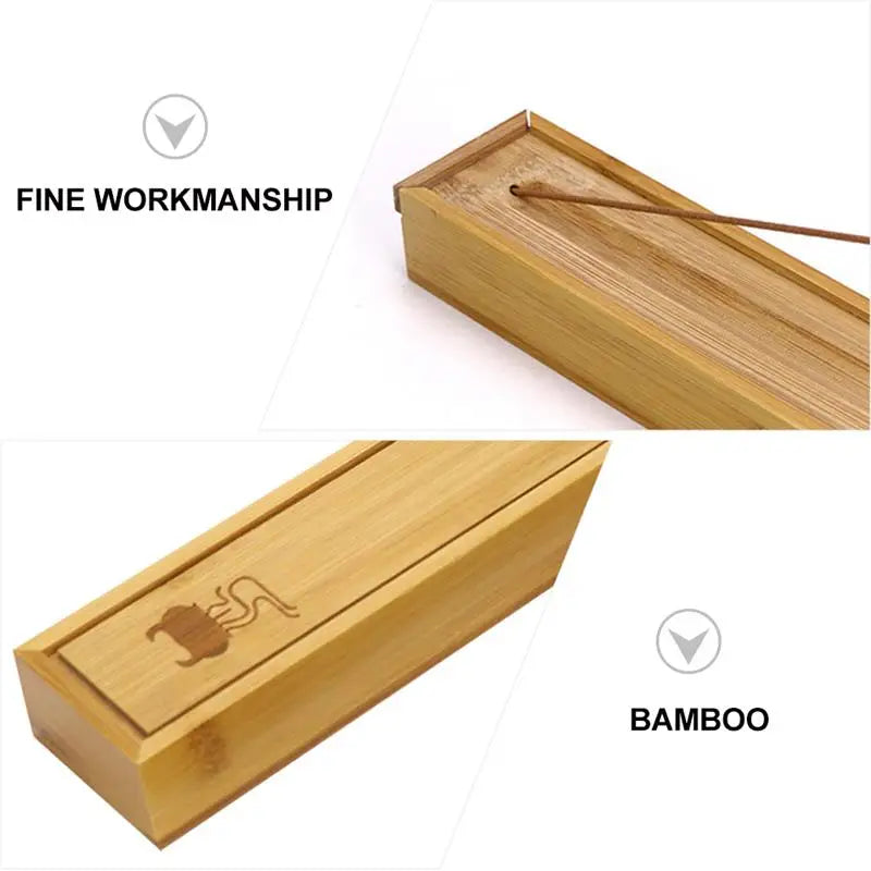 Bamboo incense box holder for sticks for clean and convenient incense burning during meditation, ceremonial use, and home aromatherapy.