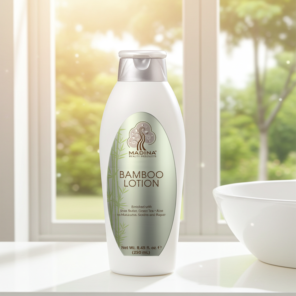 Bamboo Lotion by Madina in bottle form for moisturizing dry skin, smoothing rough areas, and daily body care.
