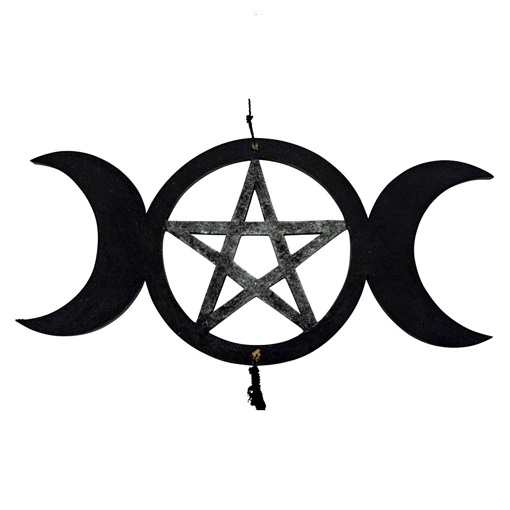 Bamboo Wind Chime - Triple Moon w/Pentacle, close-up of moon and pentacle symbol