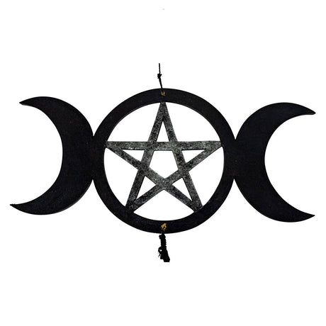 Bamboo Wind Chime - Triple Moon w/Pentacle, close-up of moon and pentacle symbol