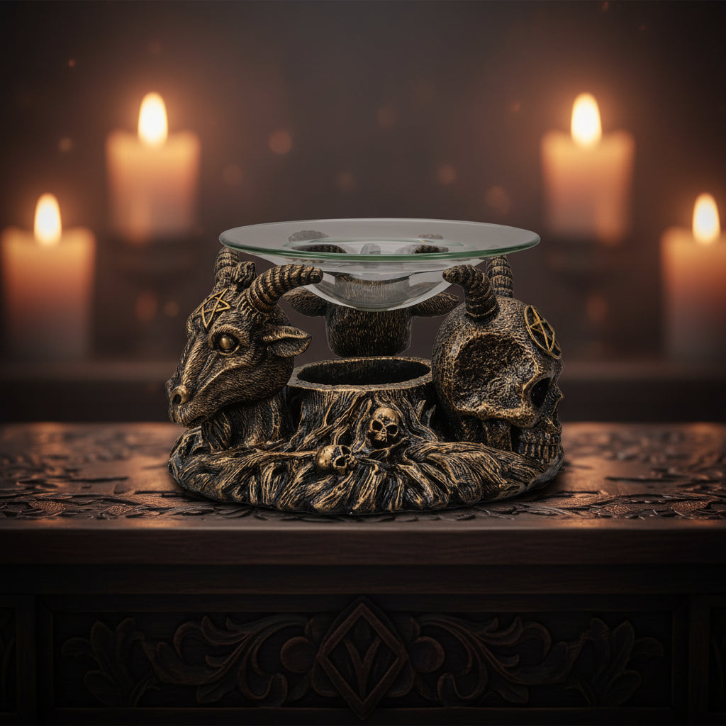 Baphomet Oil Burner, side view showing glass dish