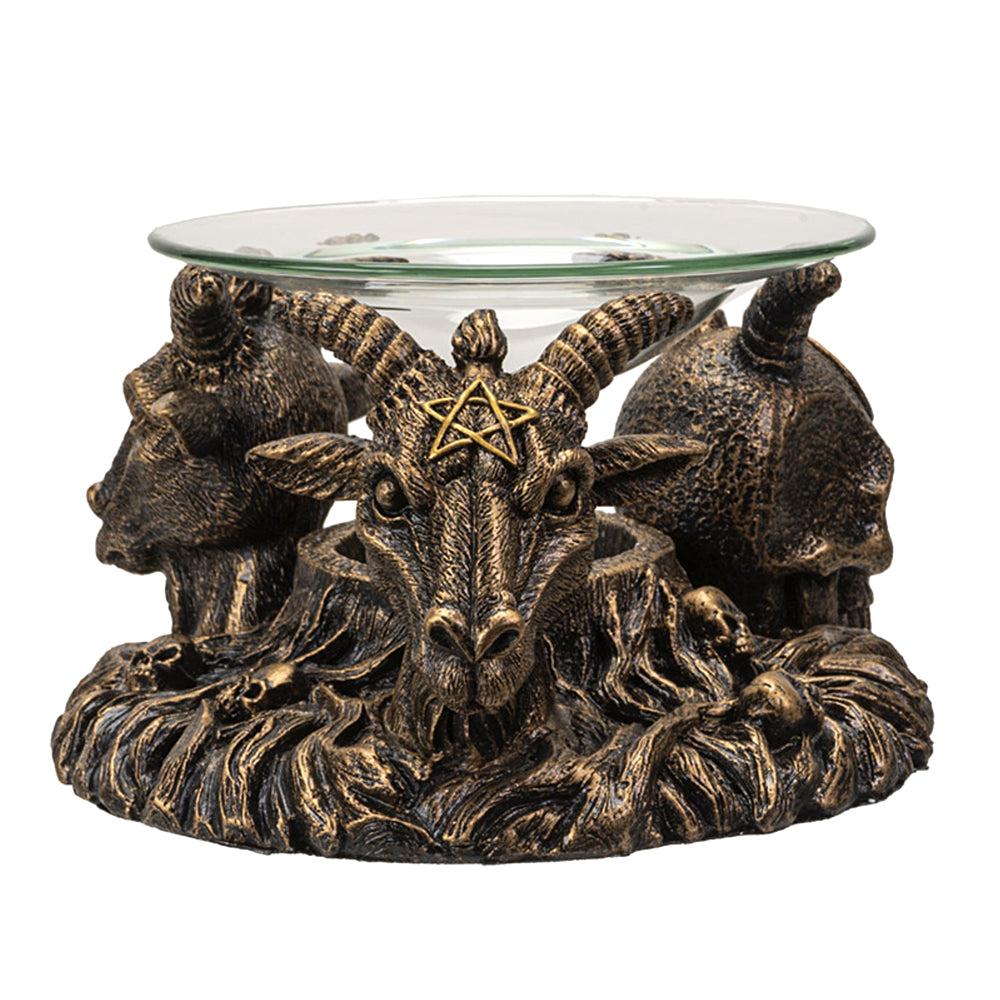 Baphomet Oil Burner, detail view of horned heads and pentacles