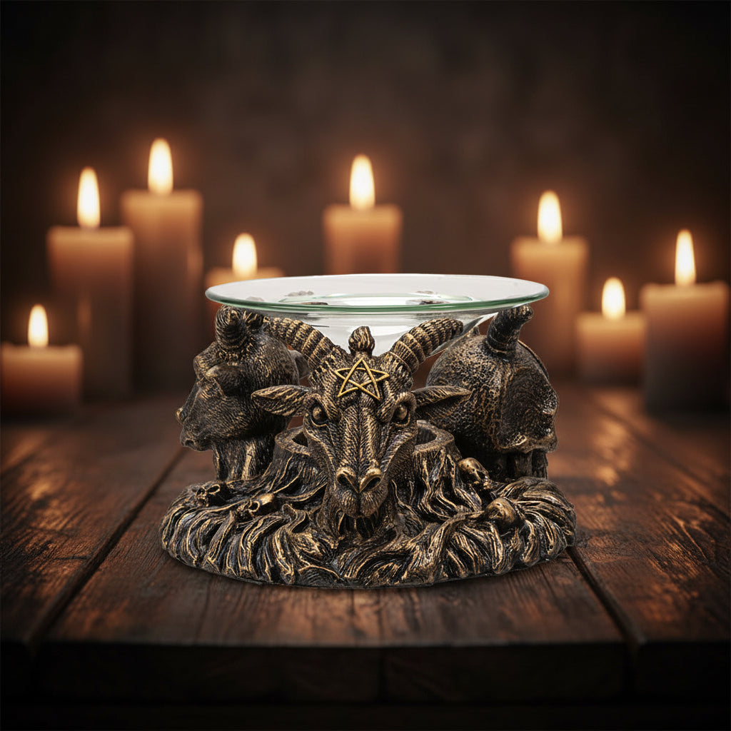 Baphomet Oil Burner, detail view of horned heads and pentacles
