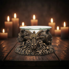Baphomet Oil Burner, detail view of horned heads and pentacles