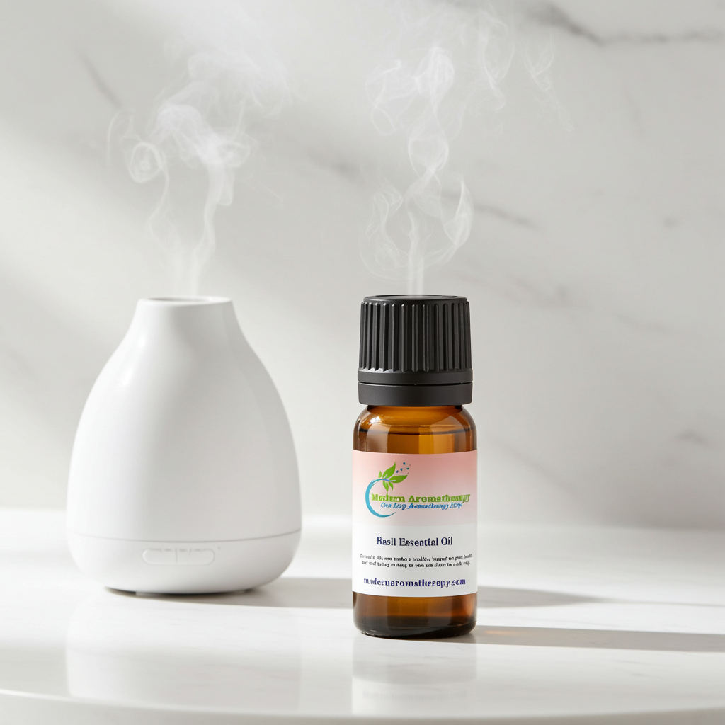 Basil essential oil bottle for aromatherapy, diffuser blends, and fresh herbal home fragrance.