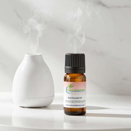 Basil essential oil bottle for aromatherapy, diffuser blends, and fresh herbal home fragrance.