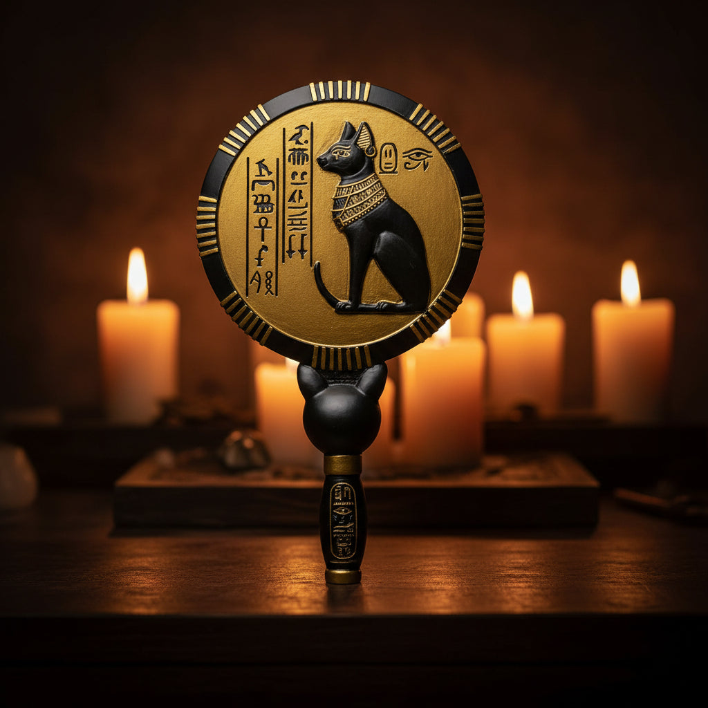 Bastet Hand Mirror, detail view of hand-painted black and gold finish