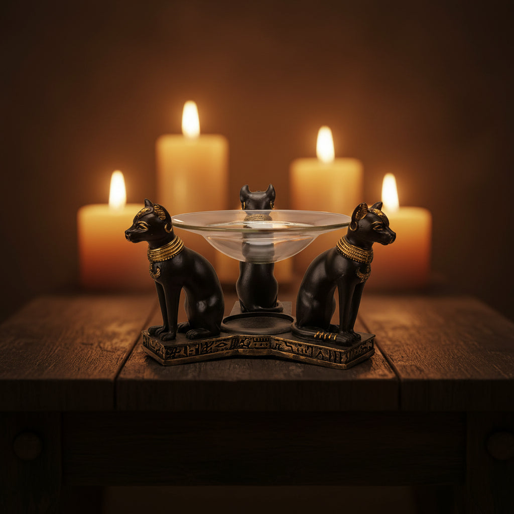 Bastet Oil Burner, side view showing glass dish