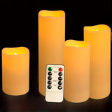 Battery-operated flameless LED candles set with remote and timer for convenient mood lighting, bedroom décor, and daily home use.