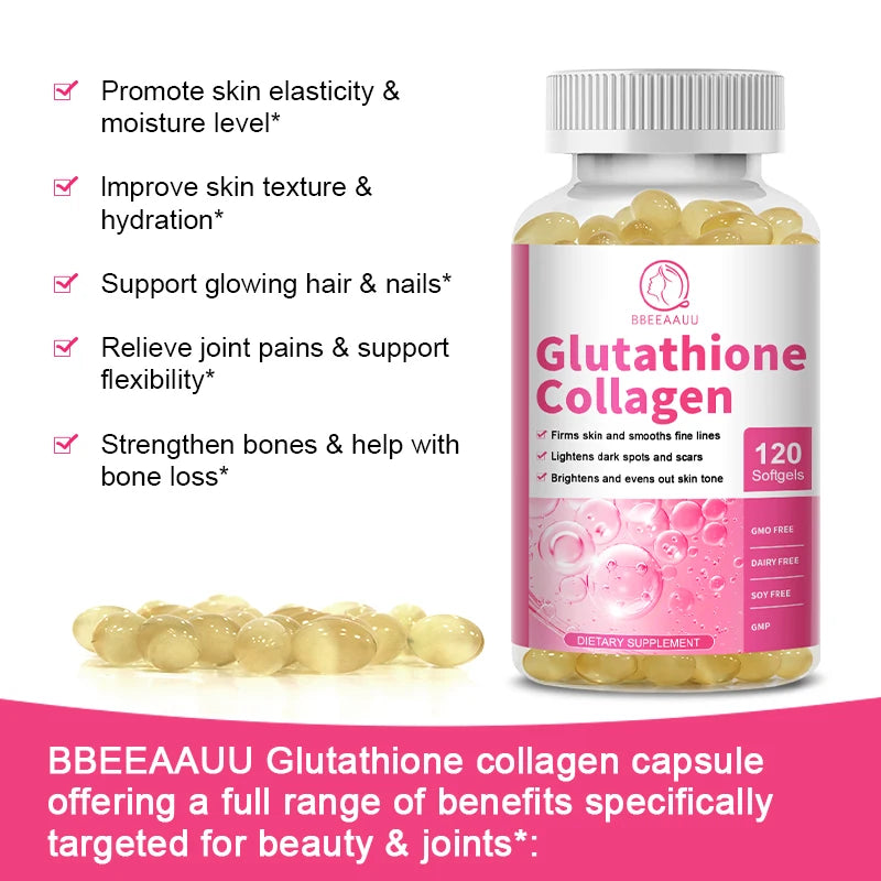 BBEEAAUU beauty capsules bottle with collagen and glutathione for skin nourishment, beauty routines, and daily supplementation.