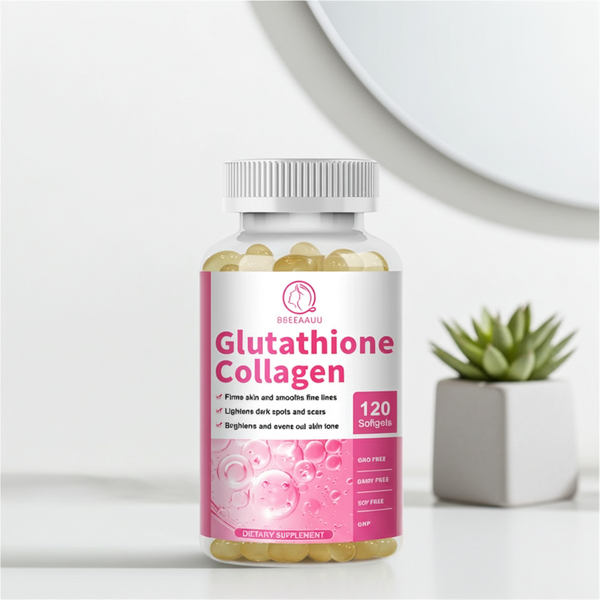 BBEEAAUU Collagen + Glutathione daily capsules bottle for beauty support, skin maintenance, and wellness supplementation.
