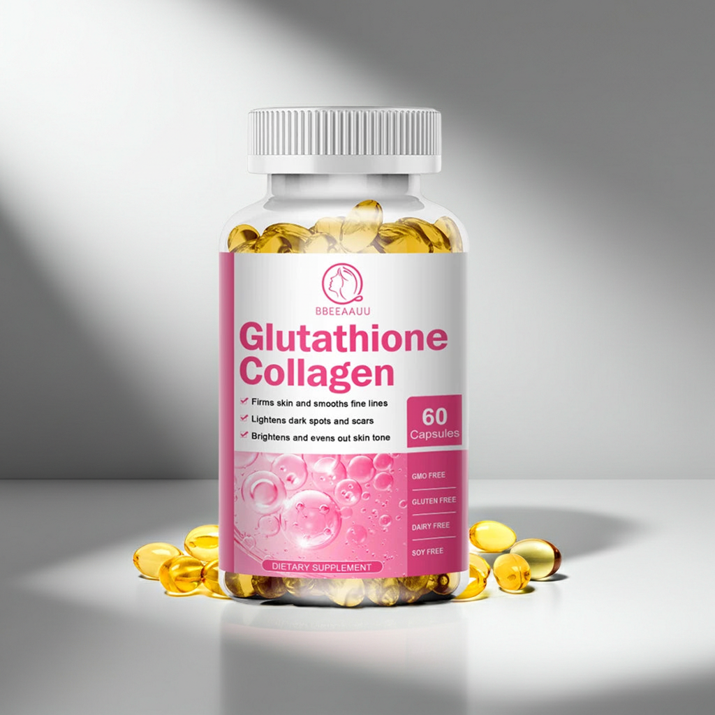 BBEEAAUU Collagen + Glutathione Capsules bottle for skin nourishment, beauty support, and daily supplement use.