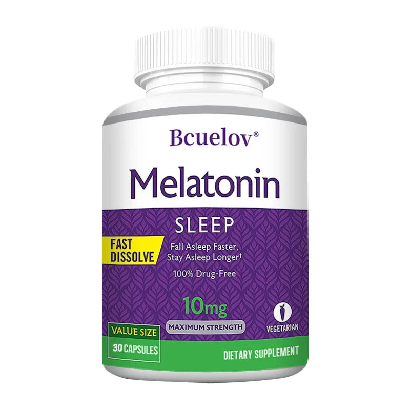 Bcuelov Melatonin 10mg Sleep Support capsules bottle for bedtime support, helping encourage restful sleep and relaxation.