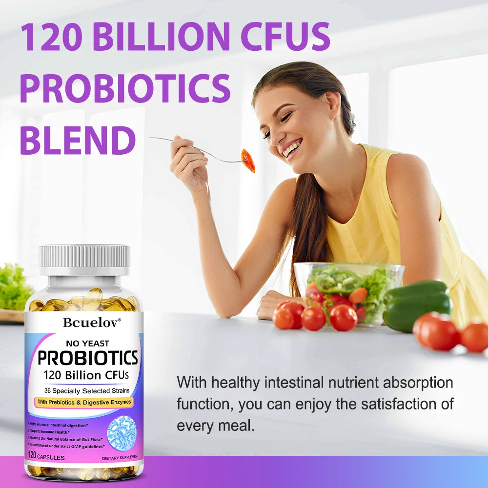 Bcuelov Premium Probiotics with Prebiotics & Digestive Enzymes capsules bottle for digestive support, gut nourishment, and daily digestive health routines.