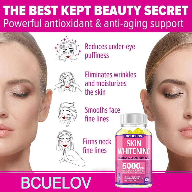 Bcuelov Glutathione, collagen, and vitamin C supplement bottle for skin care support, antioxidant protection, and daily wellness use.