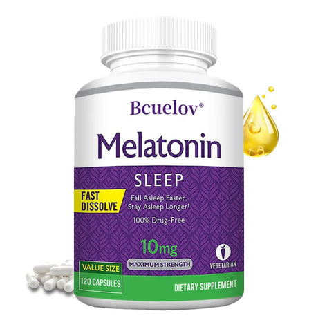 Bcuelov Melatonin 10mg Sleep Support capsules bottle for bedtime wellness, helping support restful sleep and nightly relaxation routines.