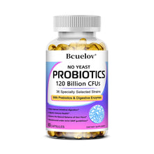 Bcuelov Premium Probiotics with Prebiotics & Digestive Enzymes capsules bottle for daily gut support, digestive care, and digestive system balance.