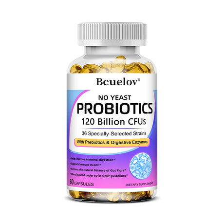Bcuelov Premium Probiotics with Prebiotics & Digestive Enzymes capsules bottle for daily gut support, digestive care, and digestive system balance.