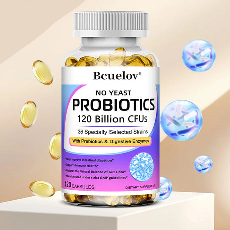 Bcuelov Premium Probiotics with Prebiotics & Digestive Enzymes capsules bottle for daily digestive support, gut balance, and digestive wellness routines.